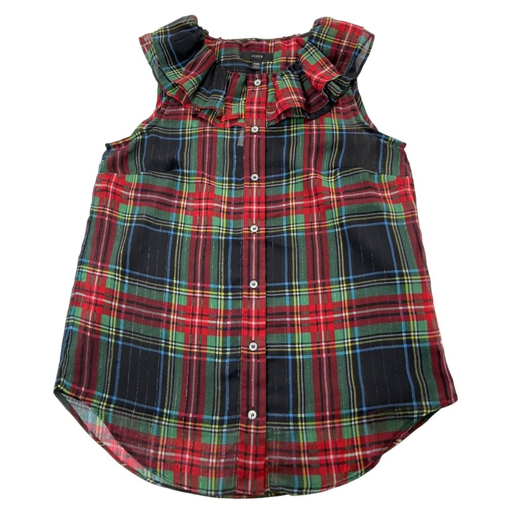 J Crew Stewart Tartan Plaid Top Ruffle‎ Collar Sleeveless Womens 00 - Picture 13 of 13